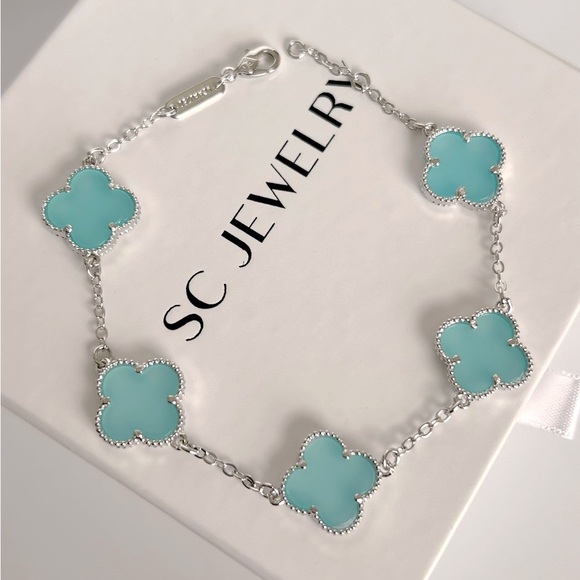 Blue Clover Bracelet Double Sided Silver Color Chain Four Leaf Platinum Plated - Picture 5 of 11